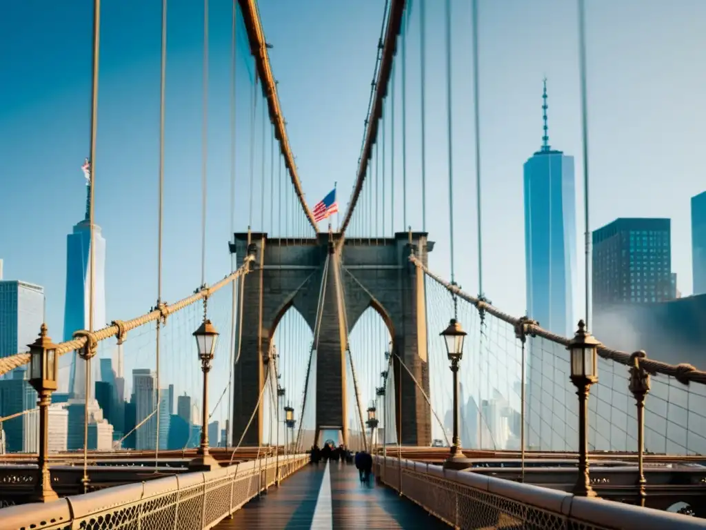 Imagen del icónico Puente de Brooklyn envuelto en la bruma matutina, resaltando sus cables de acero y torres de piedra