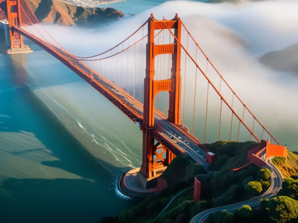 Imagen 3D del icónico Puente de la Bahía de San Francisco, con su estructura de acero y ambiente nebuloso, reflejando su historia y belleza