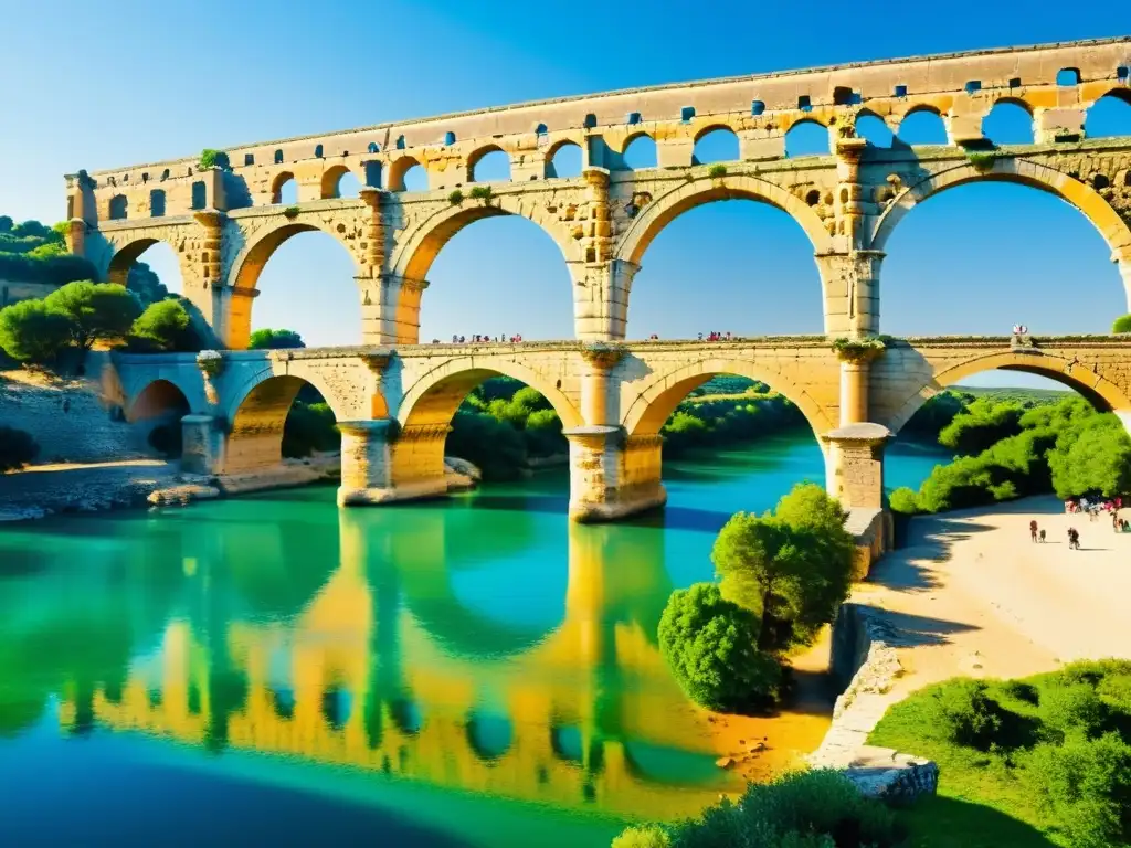 Imagen de un icónico puente romano, el Pont du Gard, con siglos de historia y arquitectura cultural, majestuoso sobre el río Gardon en Francia