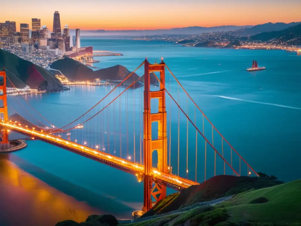 Imagen de un icónico puente, símbolo de arquitectura e historia cultural, iluminado por la cálido atardecer en San Francisco