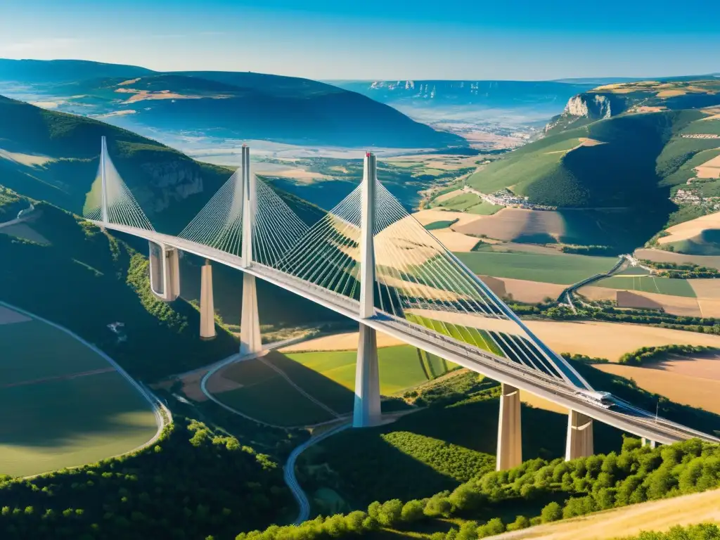 Imagen de alta resolución del icónico Viaducto de Millau en Francia, resaltando su elegante diseño estructural y su integración con la belleza natural