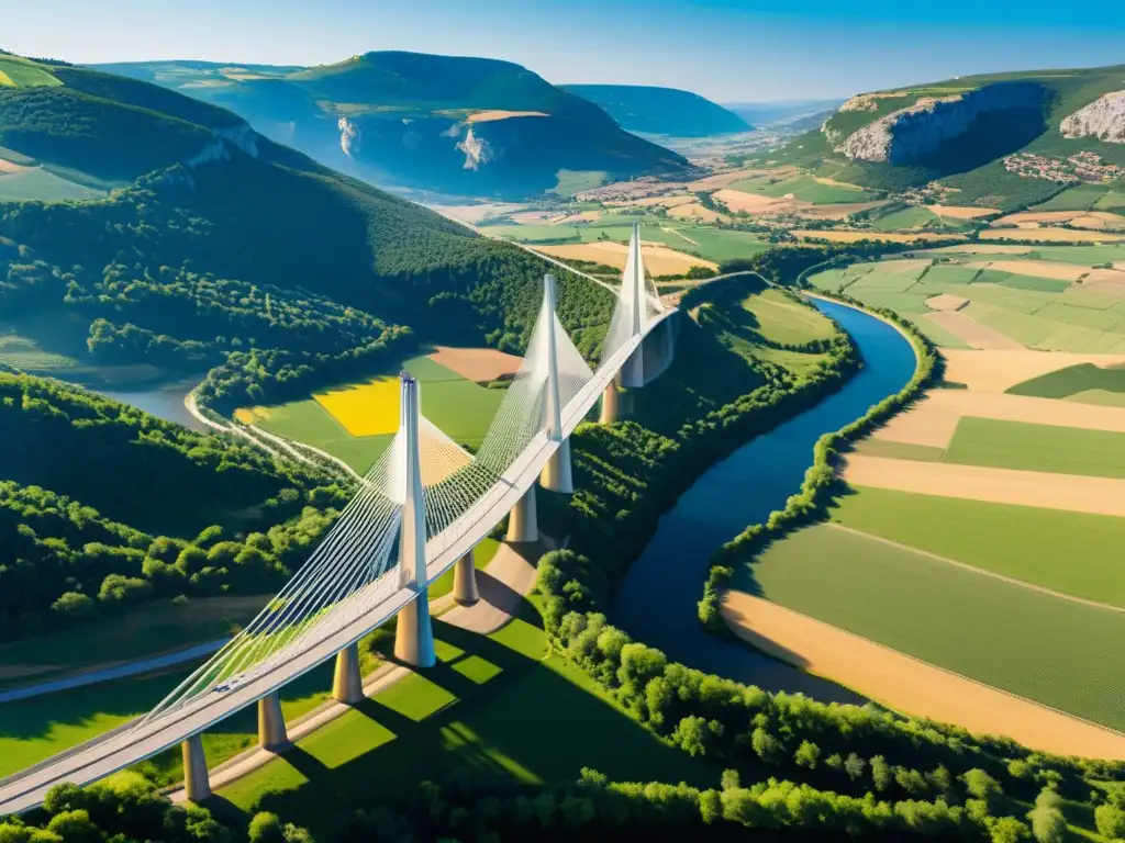 Imagen 8k del icónico viaducto de Millau sobre el pintoresco valle del Tarn, resaltando su diseño arquitectónico y grandiosidad