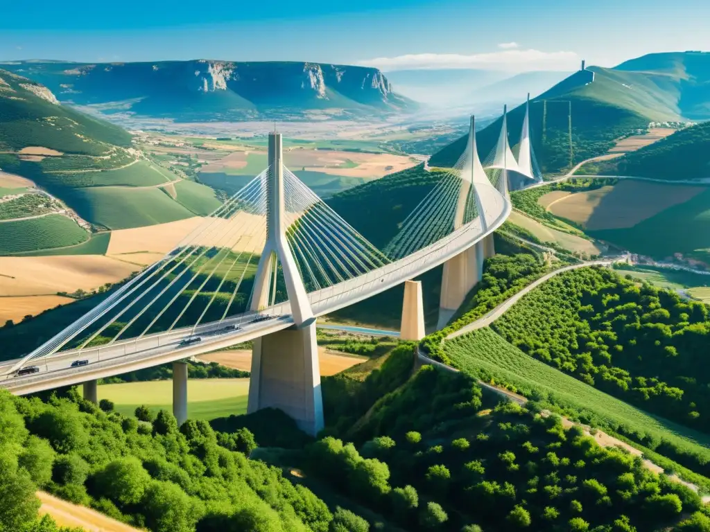 Imagen 8k del icónico Viaducto de Millau en Francia, destacando su innovador diseño arquitectónico y su integración con el entorno natural