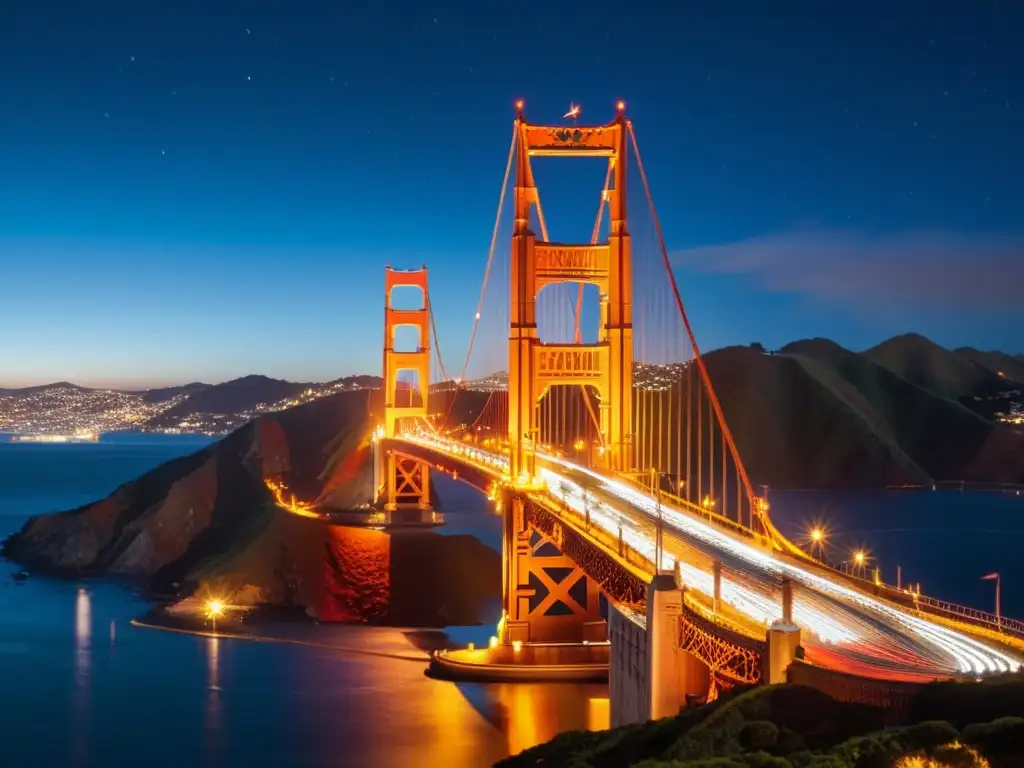 Imagen de alta resolución del Puente Golden Gate iluminado de noche, reflejando colores vibrantes en el agua