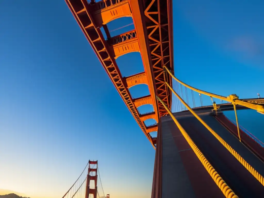 Imagen impactante del Puente Golden Gate al atardecer, destacando su arquitectura icónica y su significado en la cultura popular