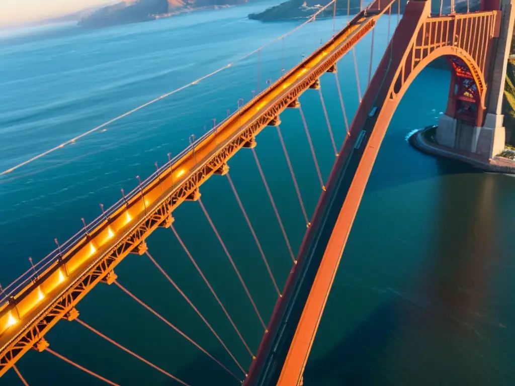 Imagen impactante del Puente Golden Gate al atardecer, resaltando sus detalles arquitectónicos con una cálida luz dorada