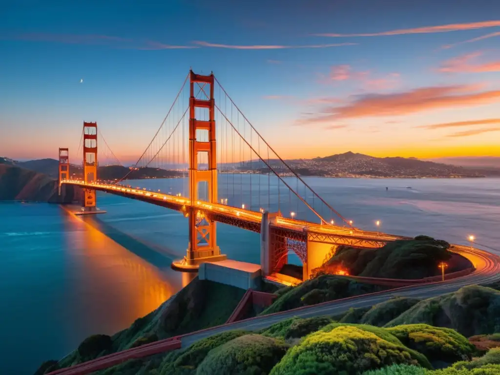 Imagen impactante del Puente Golden Gate al atardecer, reflejando su icónica arquitectura y su significado cultural