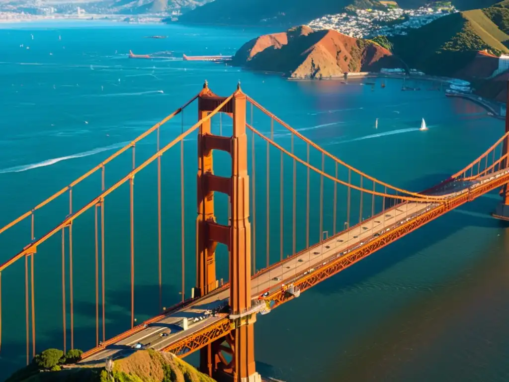 Imagen impactante del atardecer en el icónico Puente Golden Gate en San Francisco, resaltando su arquitectura y belleza