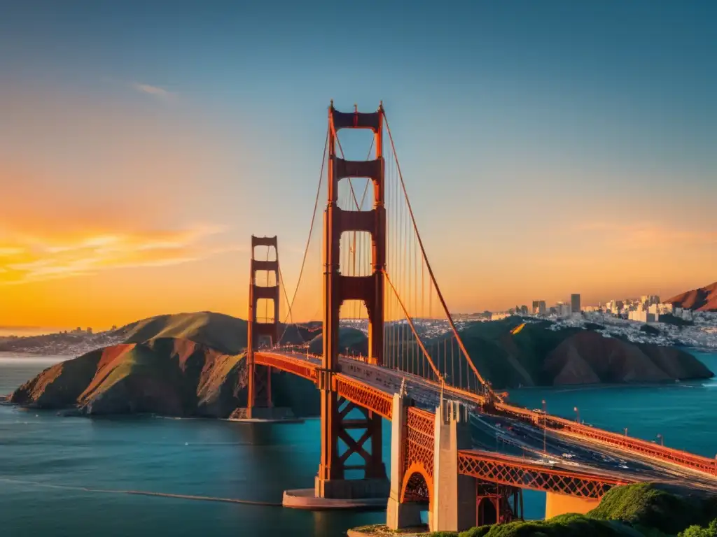 Imagen impactante del puente Golden Gate al atardecer, reflejado en el agua, capturando la generación de energía en puentes icónicos