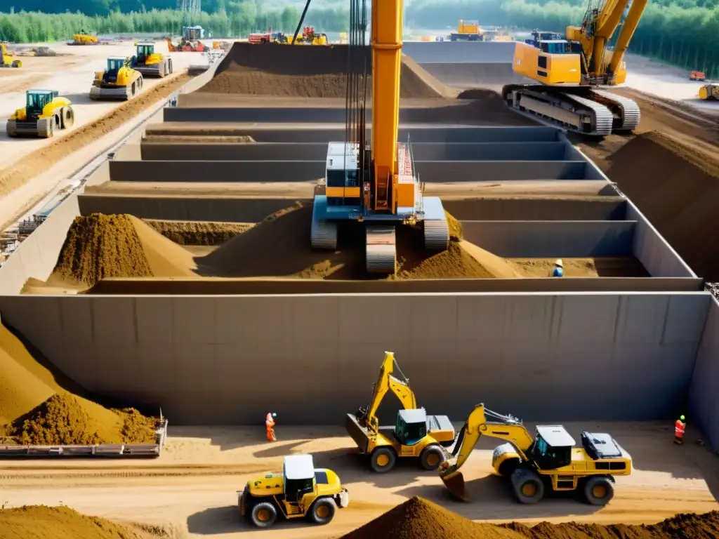 Imagen impactante de construcción con bases y pilotes, muestra la escala masiva y la necesidad de prácticas sostenibles