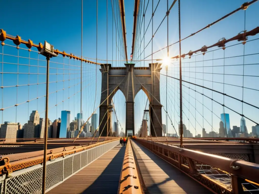 Una imagen impactante de la construcción del puente de Brooklyn, destacando sus cables de acero, torres de suspensión y trabajadores