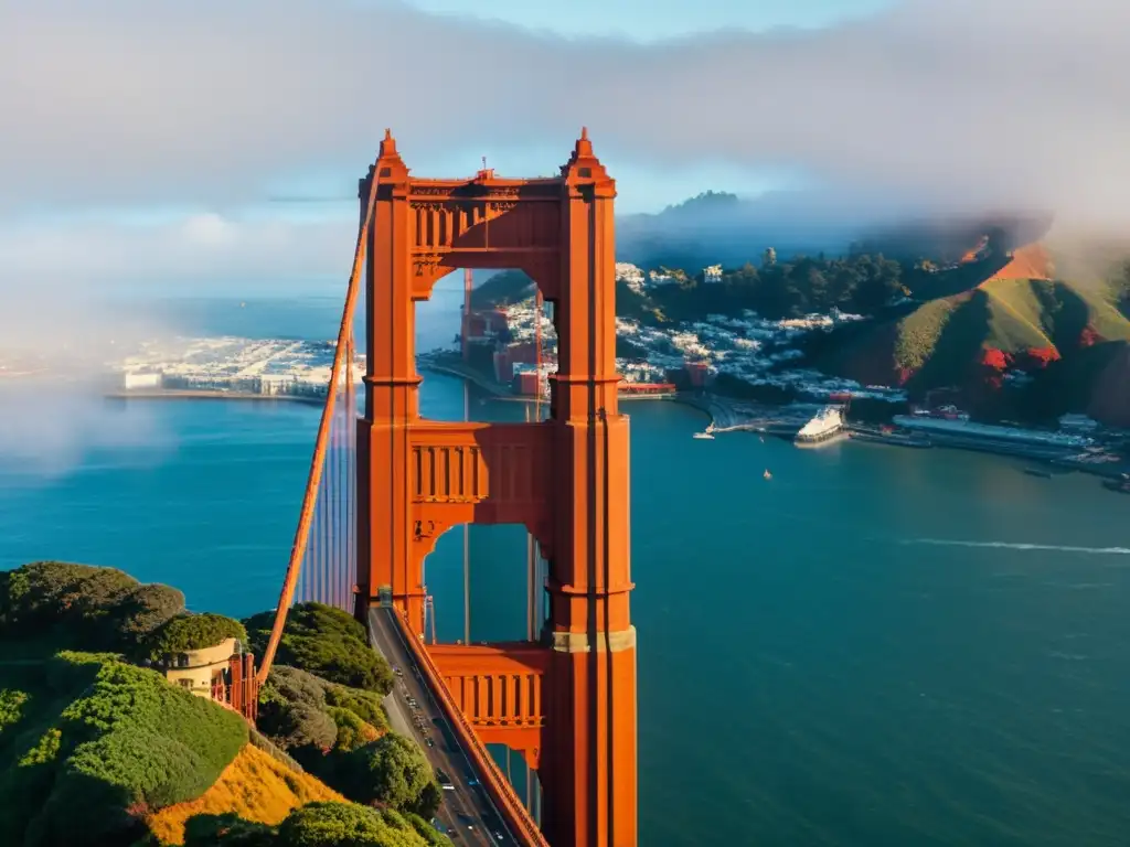 Imagen impactante del Puente Golden Gate, con sus detalles arquitectónicos y el ambiente nebuloso de la bahía de San Francisco