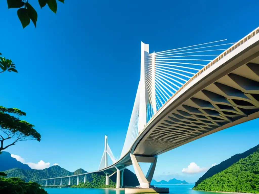 Imagen impactante de la visualización 3D del Puente Langkawi Sky, con su diseño moderno y curvas impresionantes integradas en el paisaje natural