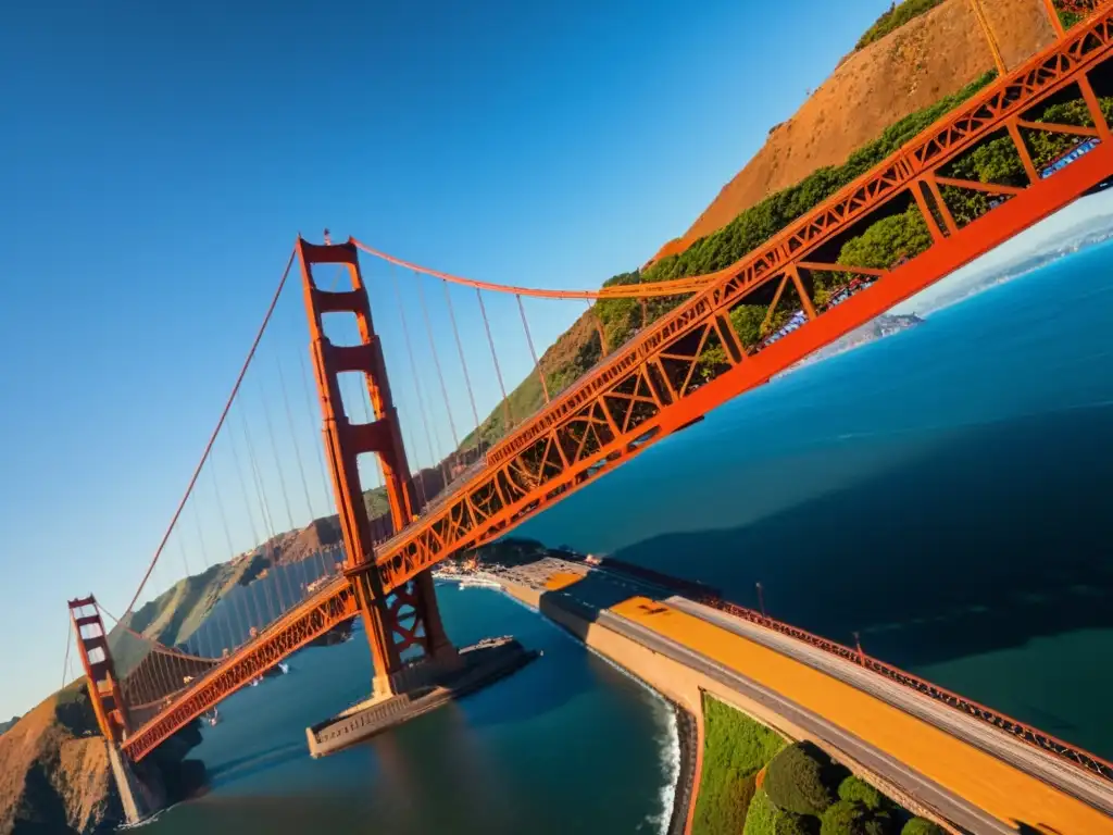 Imagen impactante del emblemático Puente Golden Gate al atardecer, resaltando su grandiosidad y la influencia cultural de puentes impresionantes