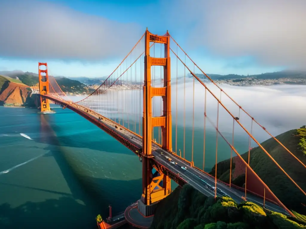 Imagen impactante del Puente Golden Gate en San Francisco, con sus icónicas torres rojo-naranja emergiendo entre la neblina