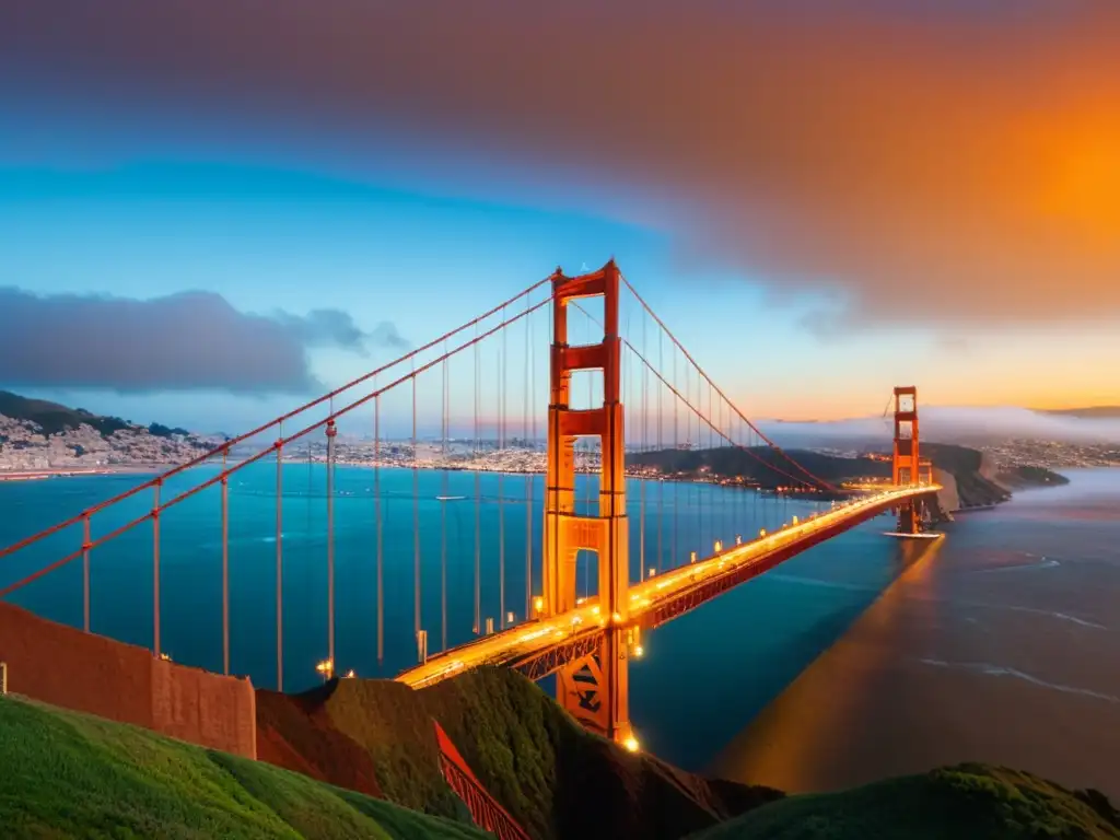 Imagen impactante del icónico puente Golden Gate en San Francisco al atardecer, simbolizando el impacto cultural de los puentes icónicos en el mundo