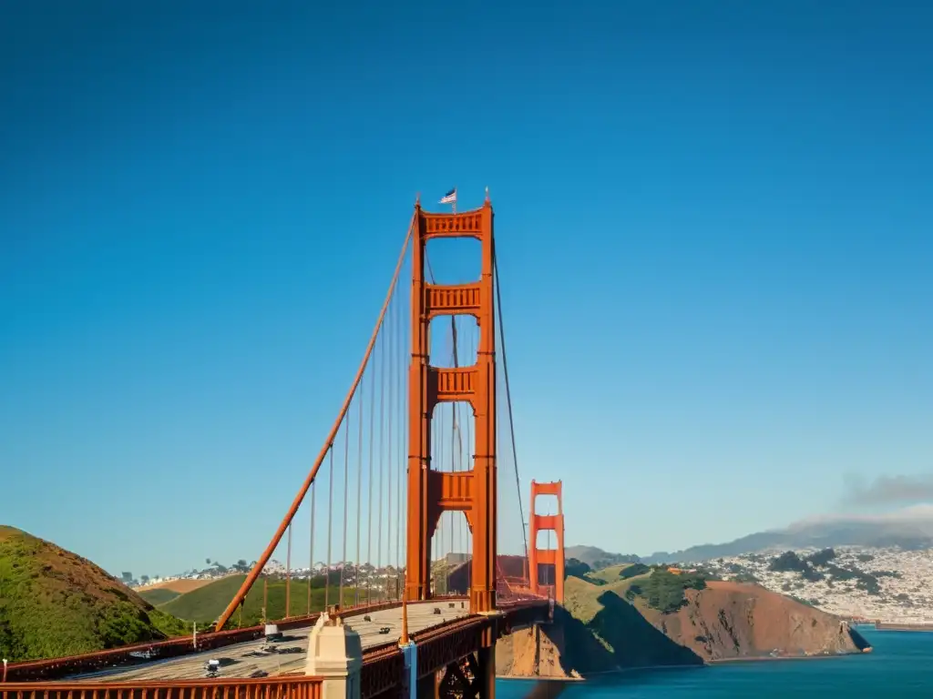 Imagen impactante del icónico Puente Golden Gate en San Francisco, resaltando su belleza arquitectónica y detalles estructurales