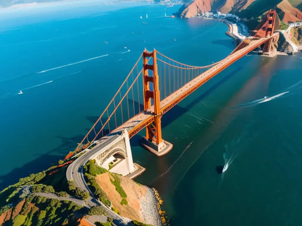 Imagen impactante del icónico Puente Golden Gate en San Francisco, capturado desde una perspectiva aérea única en un día soleado