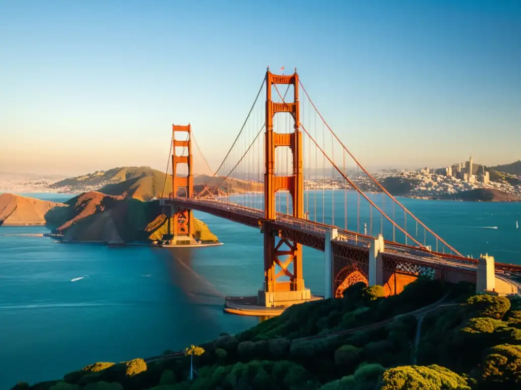 Imagen impactante del icónico Puente Golden Gate de San Francisco, con la ciudad de fondo