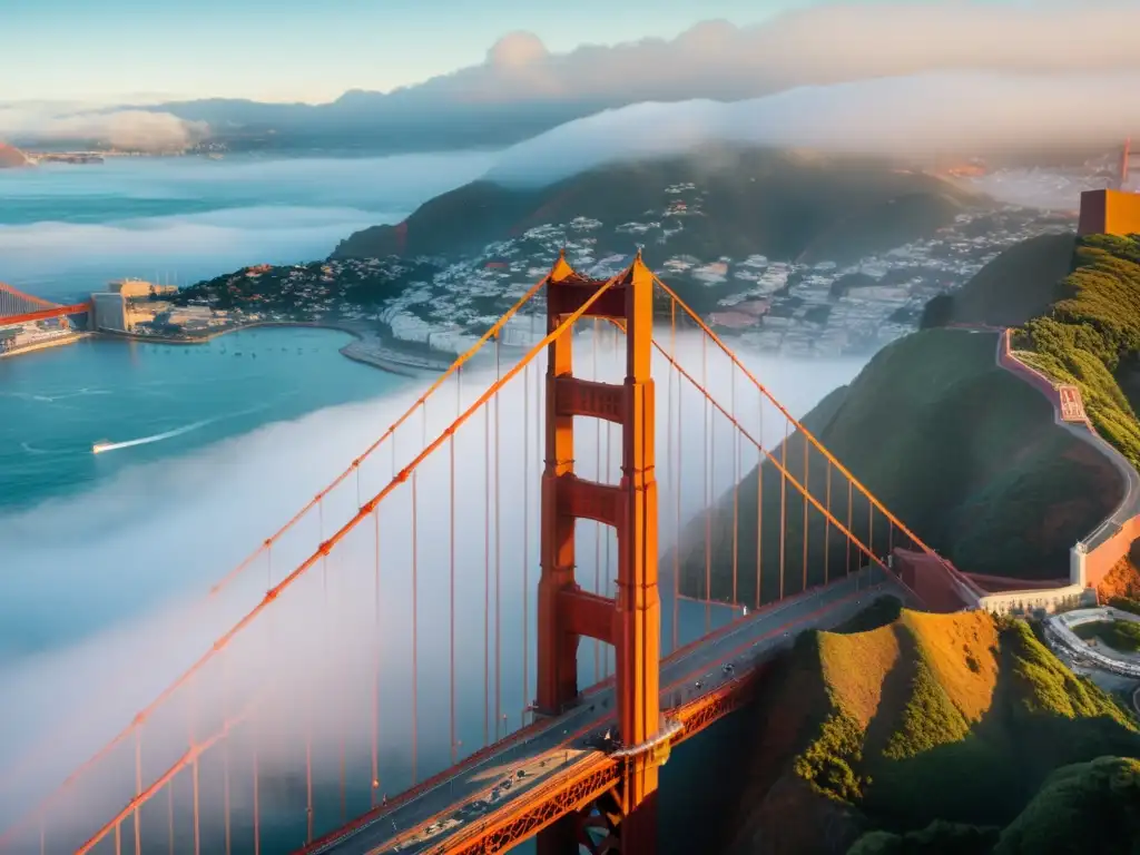 Imagen impactante del icónico Puente Golden Gate envuelto en la niebla, destacando su arquitectura y significado cultural