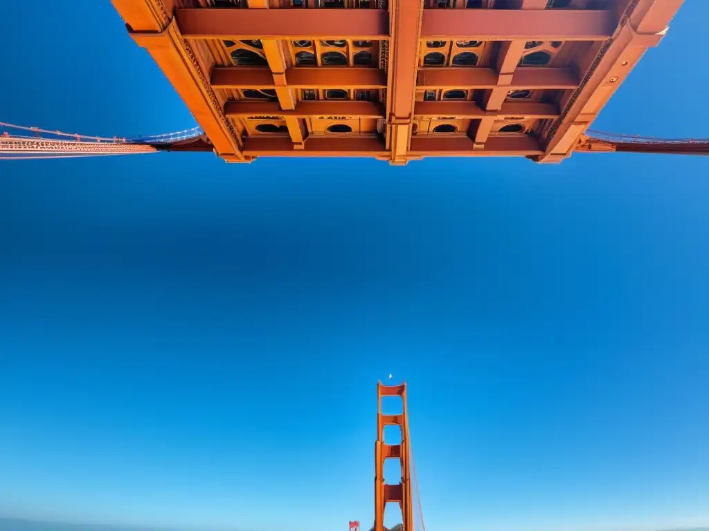 Imagen impactante del icónico Puente Golden Gate en San Francisco, resaltando su estructura de acero y colores, uniendo cielo y mar