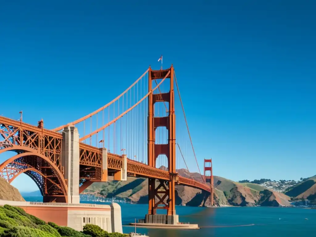 Imagen impactante del icónico puente Golden Gate en San Francisco, con su imponente arquitectura suspendida sobre aguas azules y cielo despejado