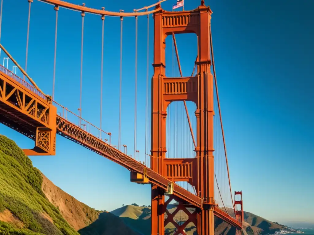 Imagen impactante del icónico Puente Golden Gate en San Francisco, bañado por la luz del sol, destacando sus detalles arquitectónicos