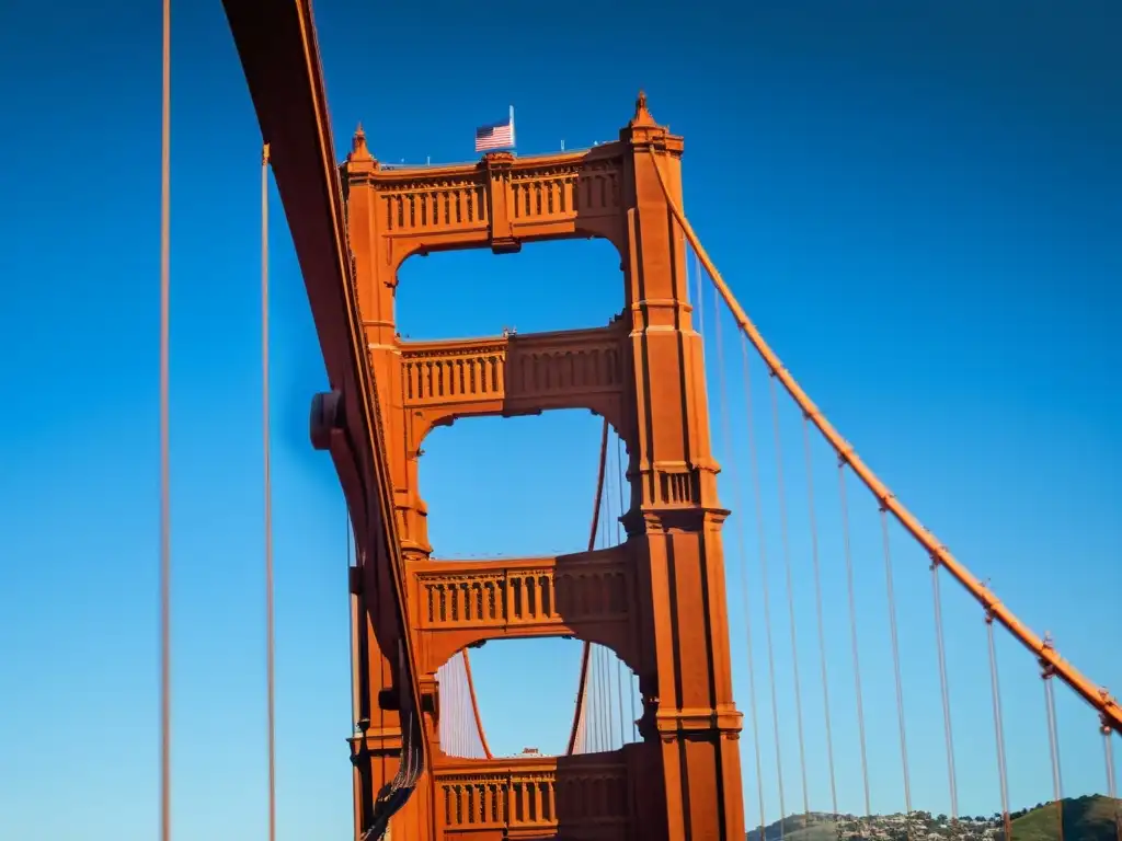 Imagen impactante del icónico puente Golden Gate, con su majestuosa estructura rojo anaranjada destacando sobre la bahía de San Francisco