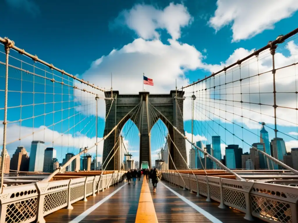 Imagen impactante del icónico Puente de Brooklyn en Nueva York, destacando su arquitectura gótica y patrones de cables