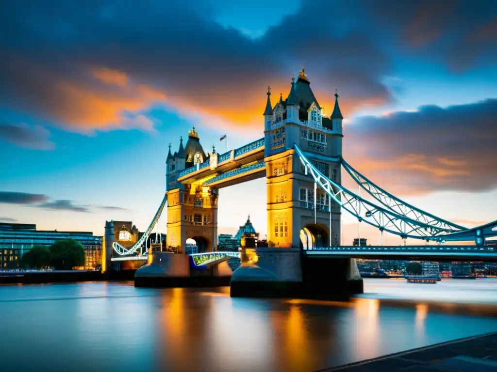 Imagen impactante del icónico Puente de la Torre de Londres durante un dramático atardecer, destacando su resistente arquitectura histórica