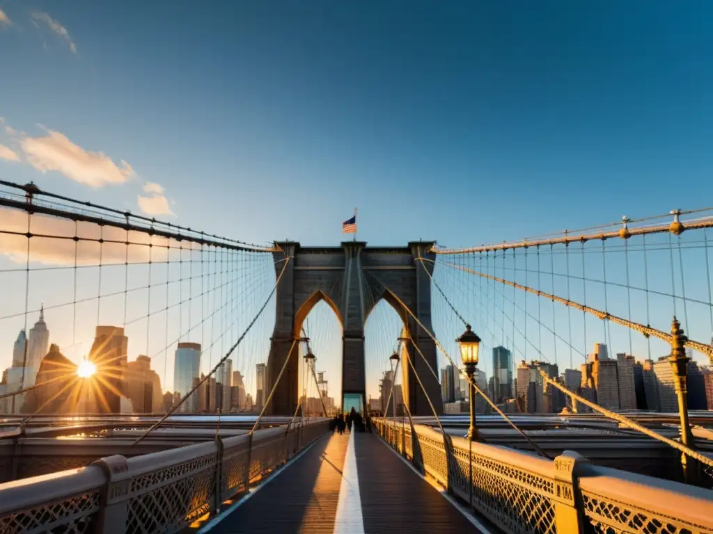 Imagen impactante del icónico Puente de Brooklyn, con la ciudad de Nueva York de fondo al atardecer