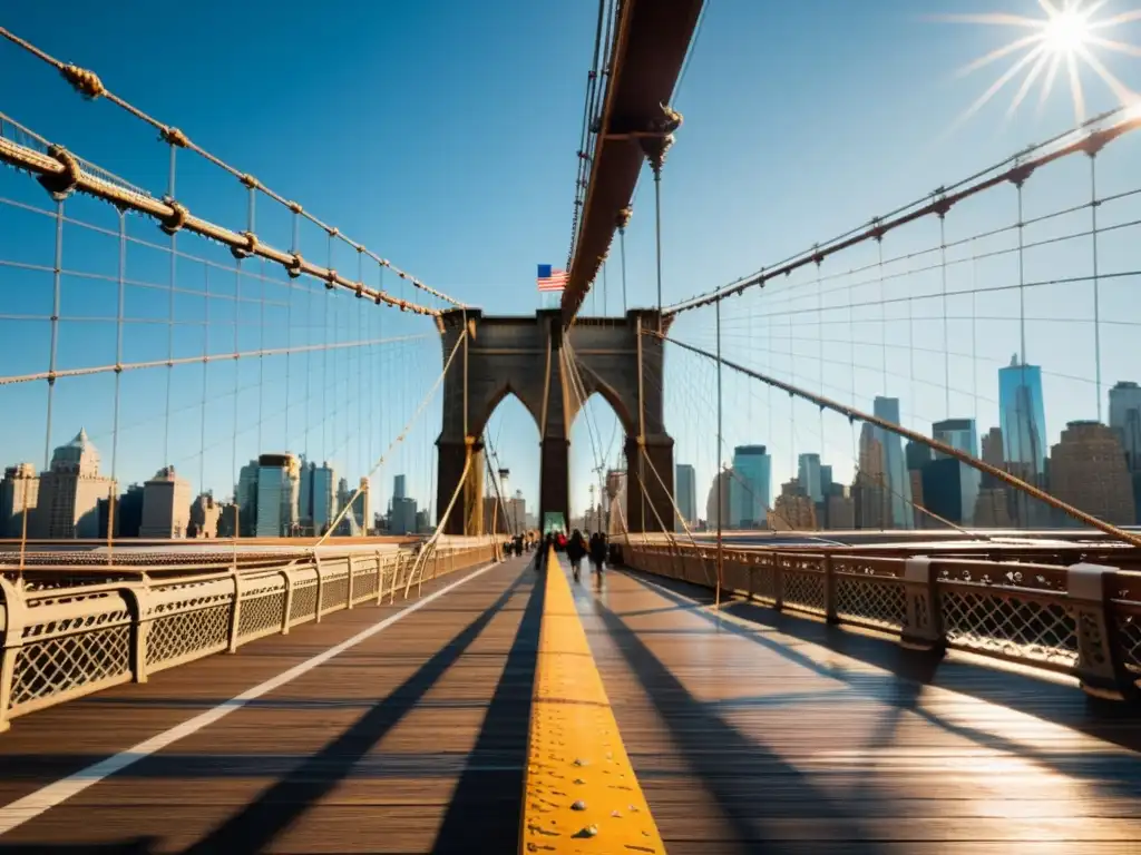 Imagen impactante del icónico Puente de Brooklyn en Nueva York, resaltando su arquitectura e historia, con la ciudad de fondo