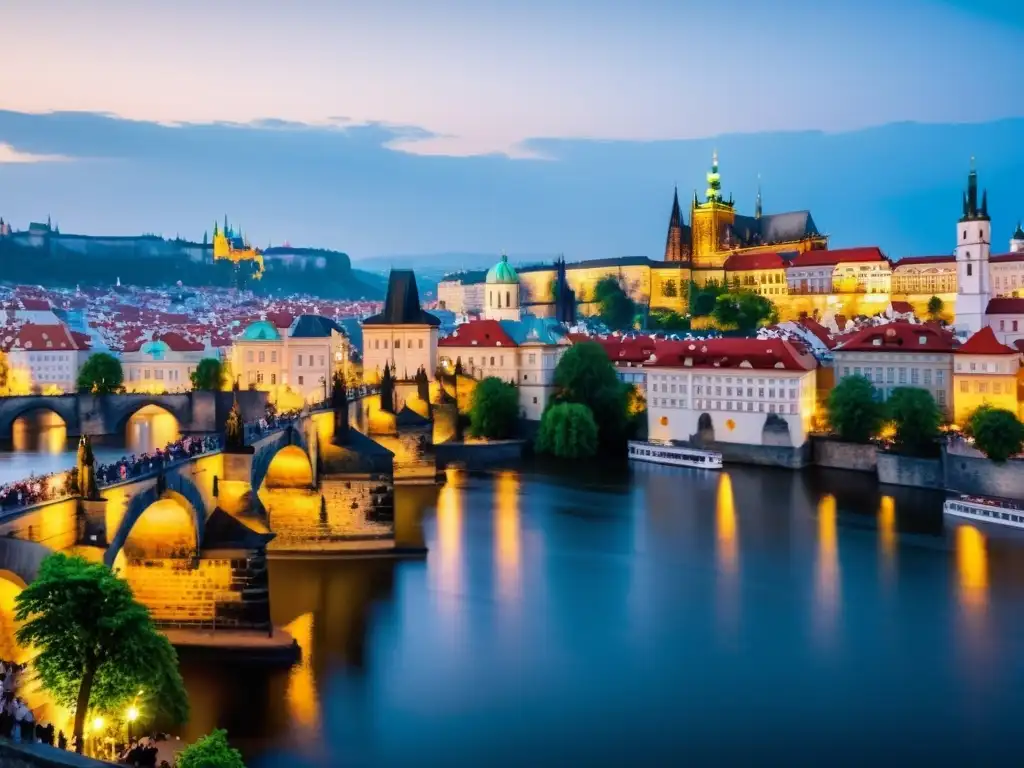 Imagen impactante del icónico Puente de Carlos en Praga, con su arquitectura gótica detallada y el río Moldava, reflejando la historia y la belleza de la ciudad