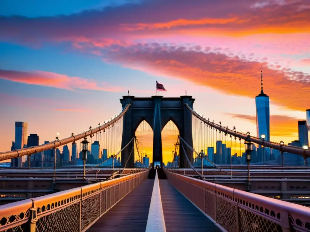 Imagen impactante del icónico Puente de Brooklyn al atardecer, con tonos naranjas y rosas vibrantes en el cielo