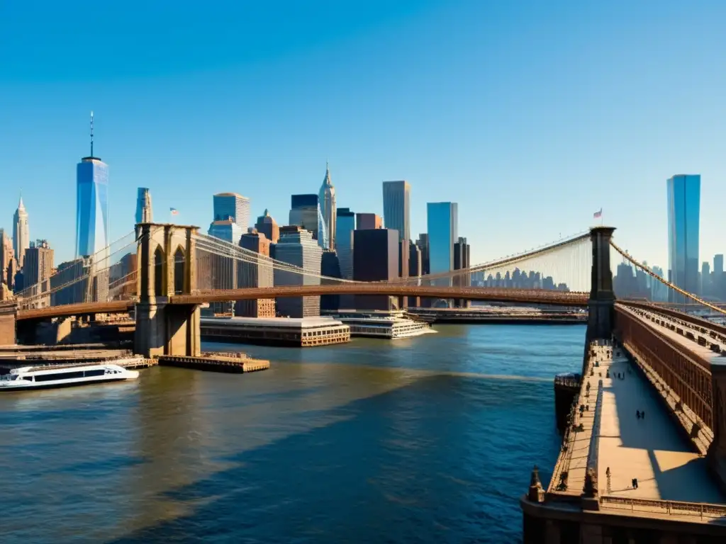 Imagen impactante del icónico Puente de Brooklyn sobre el East River, destacando sus detalles arquitectónicos y su impacto cultural en América Latina