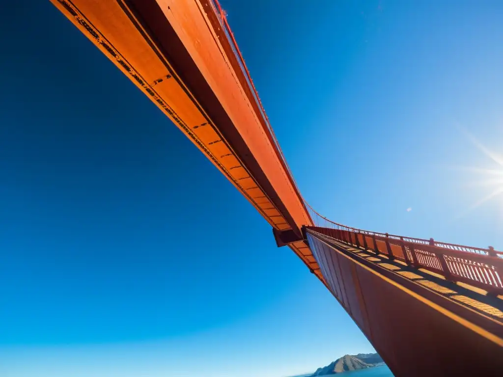 Imagen impactante del icónico Puente Golden Gate en San Francisco, con reflejos dorados en sus cables de acero