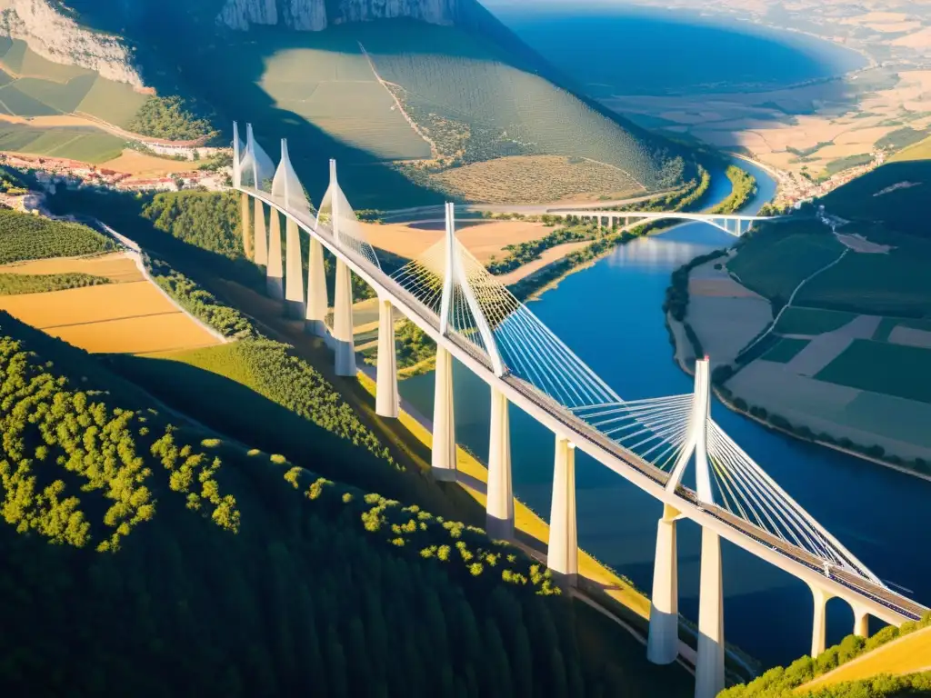 Imagen impactante del icónico Viaducto de Millau en Francia, resaltando sus líneas elegantes y técnicas constructivas innovadoras