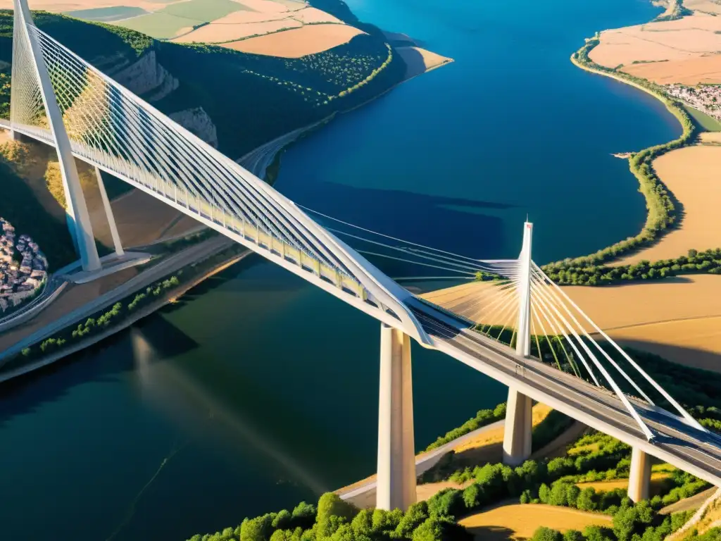 Imagen impactante del icónico Viaducto de Millau en Francia, resaltando su diseño estructural y juego de luces y sombras