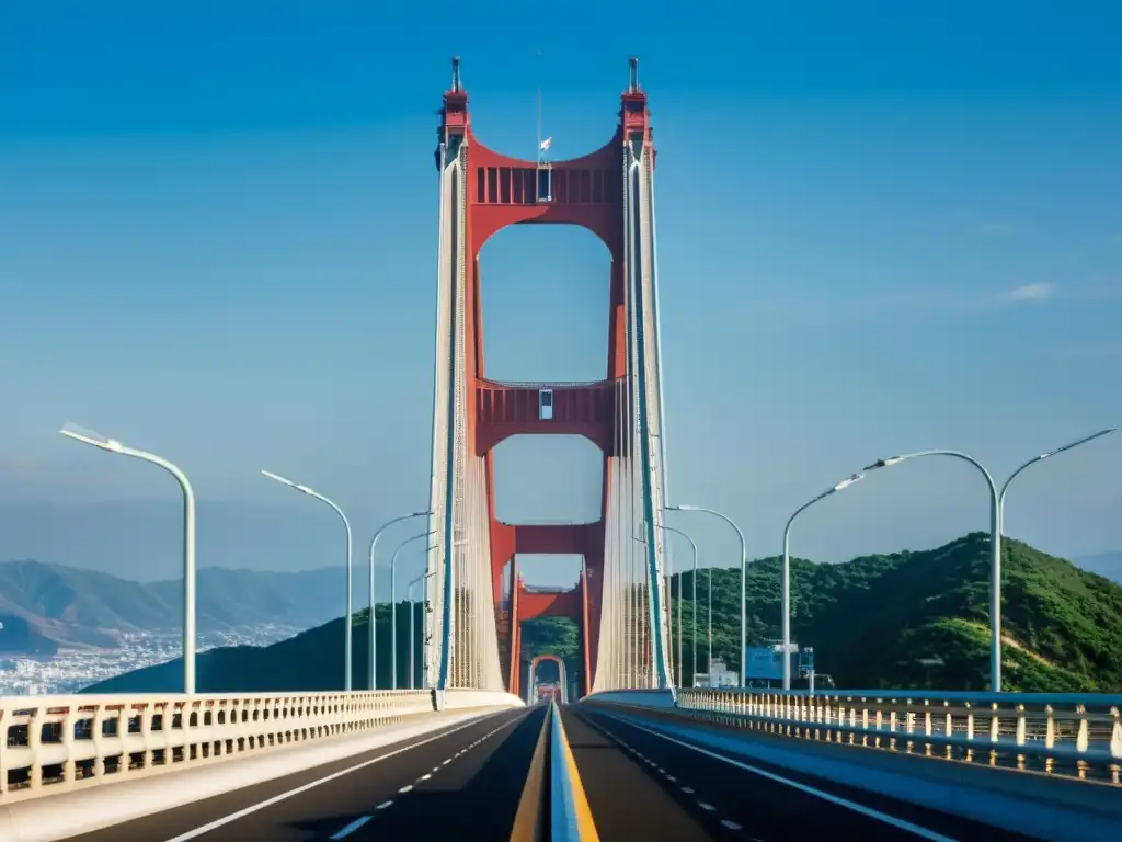 Imagen impactante de la imponente estructura del Puente Akashi Kaikyō, resaltando la ingeniería detrás de su magnífico diseño y su reflejo en el agua