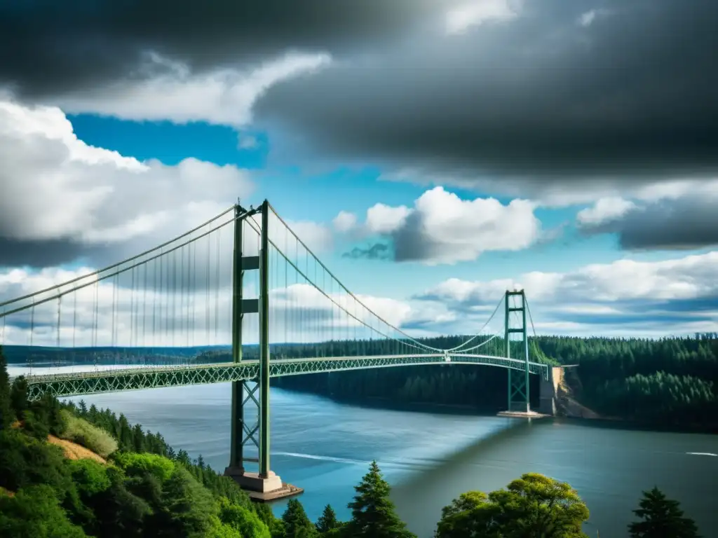 Una imagen impactante del legado de ingeniería del puente Tacoma Narrows, mostrando su elegante diseño antes de su colapso