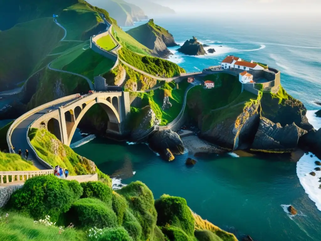 Imagen impactante del Puente de San Juan de Gaztelugatxe: acantilados, puente de piedra y exuberante vegetación en un escenario pintoresco y cultural