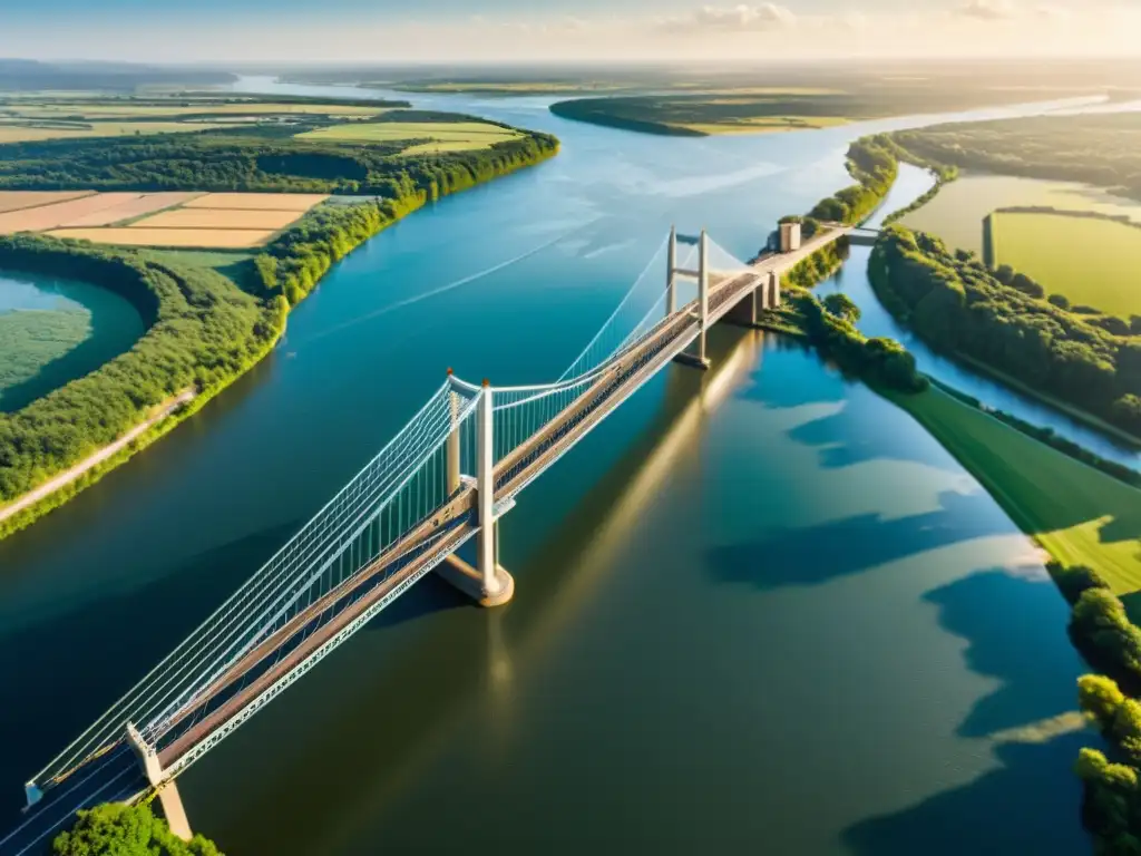 Imagen impactante: puente arquitectónico abarcando un río, reflejos de luz en el agua y paisaje detallado