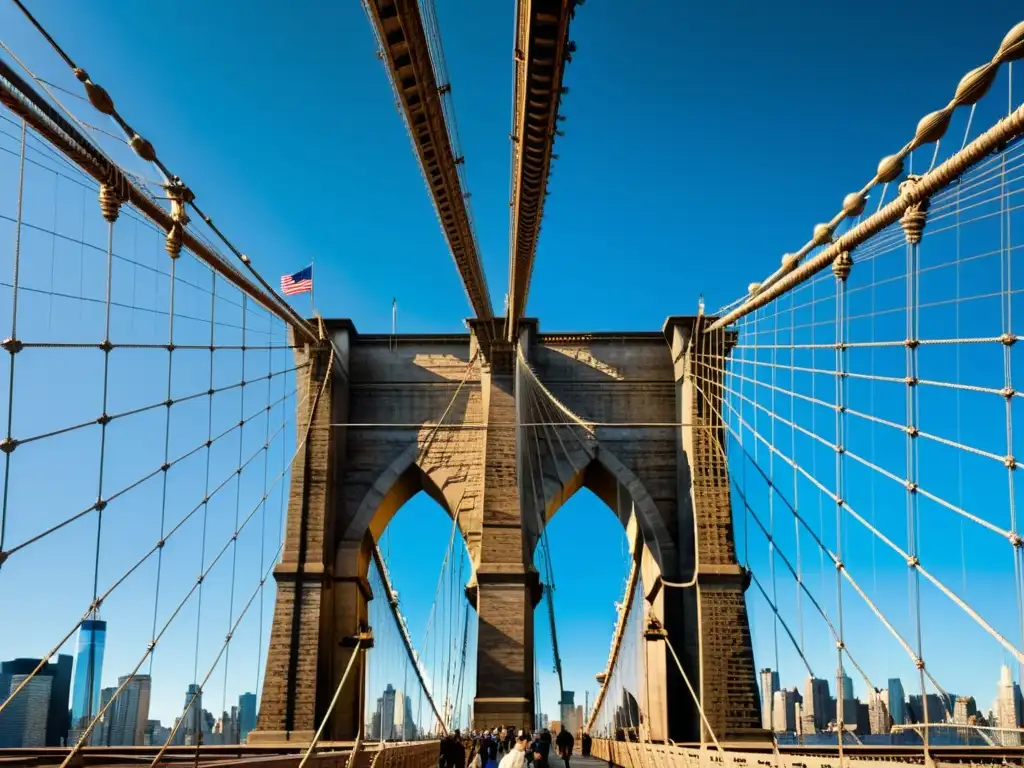 Imagen impactante del puente de Manhattan, mostrando su arquitectura detallada y juego de luces, destacando su grandiosidad y legado cultural