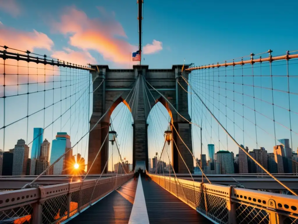 Imagen impactante del Puente de Brooklyn al atardecer, resaltando sus detalles arquitectónicos y los tonos vibrantes del cielo reflejándose en el río