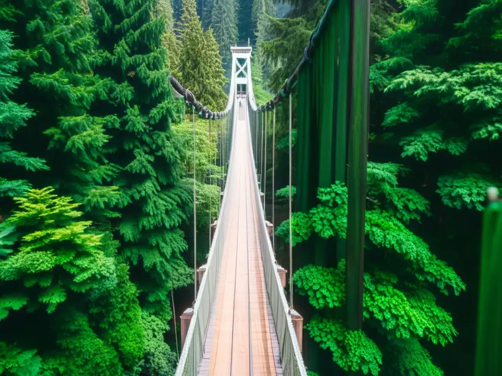 Imagen impactante del puente colgante Capilano en Vancouver, muestra su arquitectura detallada y entorno natural exuberante