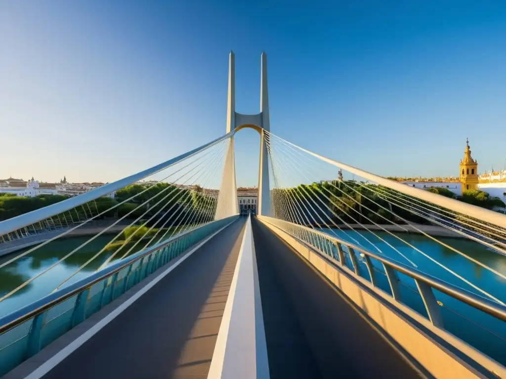 Imagen impactante del Puente del Alamillo en Sevilla, destacando su diseño arquitectónico futurista y detalles intricados