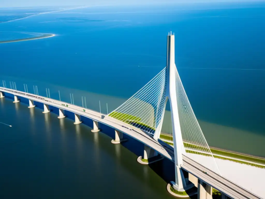 Imagen impactante del puente Sunshine Skyway, destacando su diseño cableado y curvas, con sombras dramáticas y paisaje natural