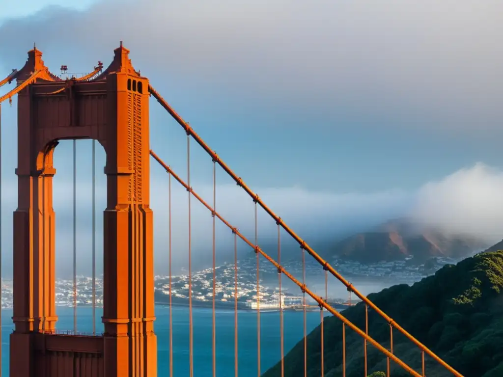 Imagen impactante del puente icónico Golden Gate envuelto en neblina, destacando su arquitectura y significado cultural