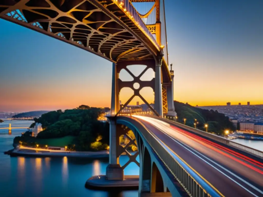 Imagen impactante de un puente icónico capturada con técnicas avanzadas de fotografía, destacando su majestuosidad y su entorno urbano y natural