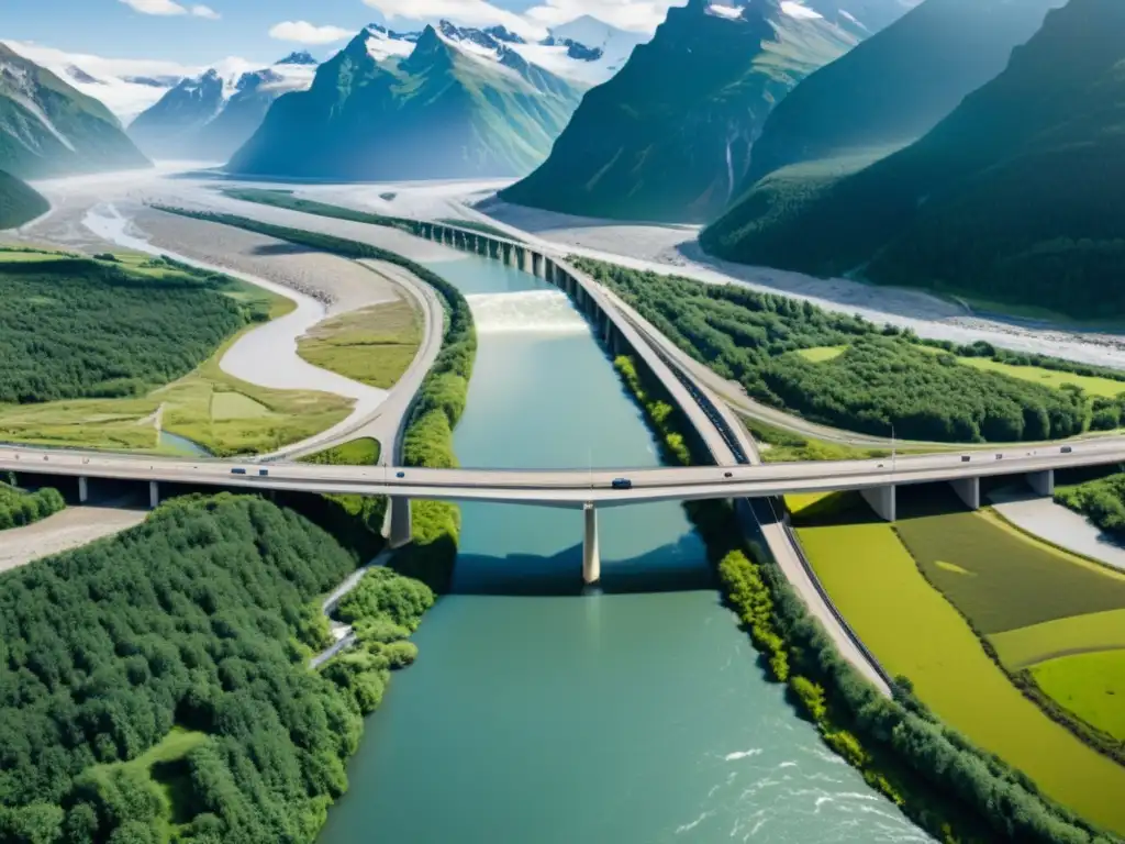 Imagen impactante de un puente con infraestructura adaptativa frente al cambio climático, rodeado de signos de impacto ambiental